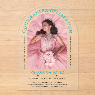 Modern Elegant Turquoise Blue Quinceanera Photo  Acrylic Invitations