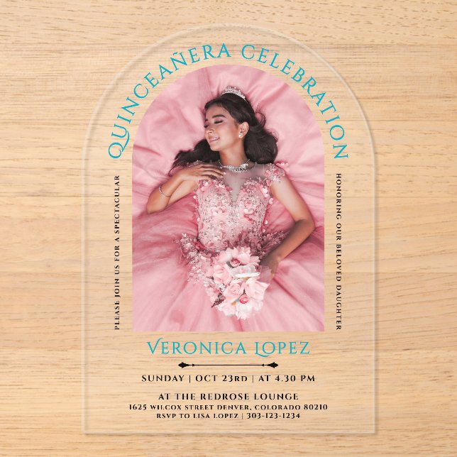 Modern Elegant Turquoise Blue Quinceanera Photo  Acrylic Invitations (Front)