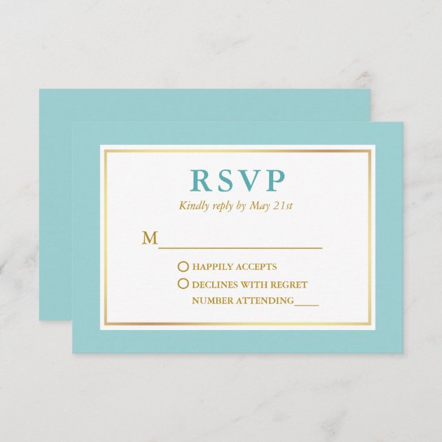 Modern Elegant Turquoise Blue White Gold  RSVP Card (Front/Back)