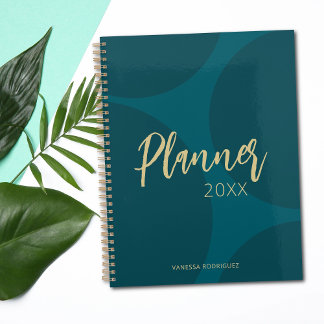 Modern Elegant Turquoise Green Gold Script Planner