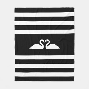 Modern elegant two swans on black & white striped fleece blanket