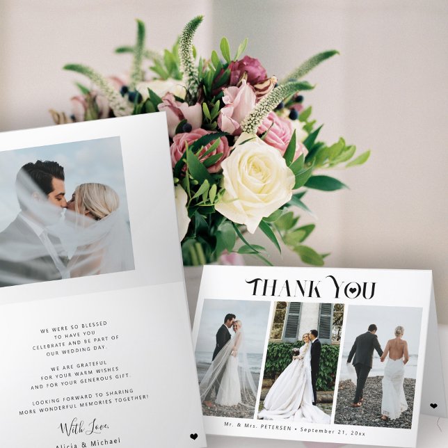 Modern elegant typography 4 photo collage wedding thank you card (Creator Uploaded)