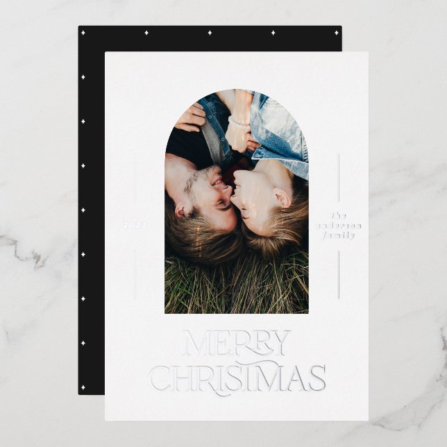 Modern elegant typography black 1 photo Christmas  Foil Holiday Card (Front/Back)
