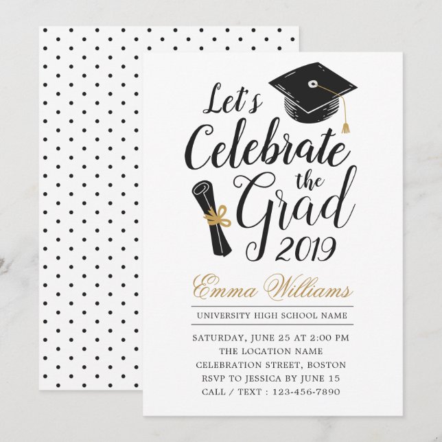 Modern Elegant Typography Black White Graduation Invitation (Front/Back)