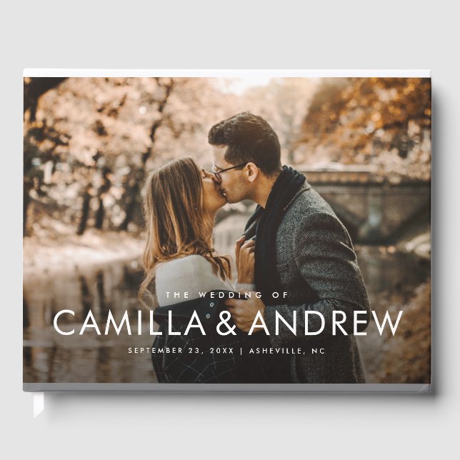 Modern Elegant Typography Names Photo Wedding Guest Book (Front)