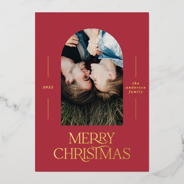 Modern elegant typography red 1 photo Christmas Fo Foil Holiday Card (Front)