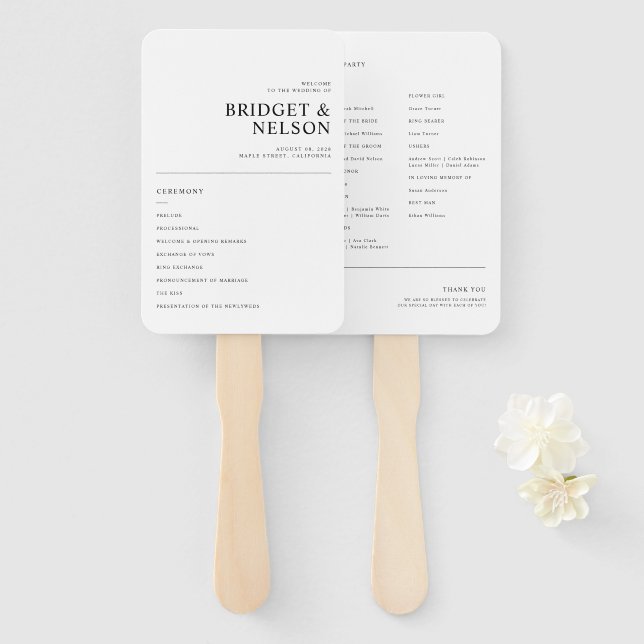 Modern Elegant Typography Simple Wedding Program Hand Fan (Front and Back)