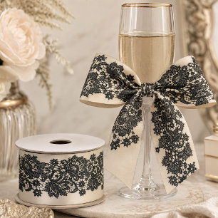 Modern Elegant Vintage French Beige Black Lace Satin Ribbon