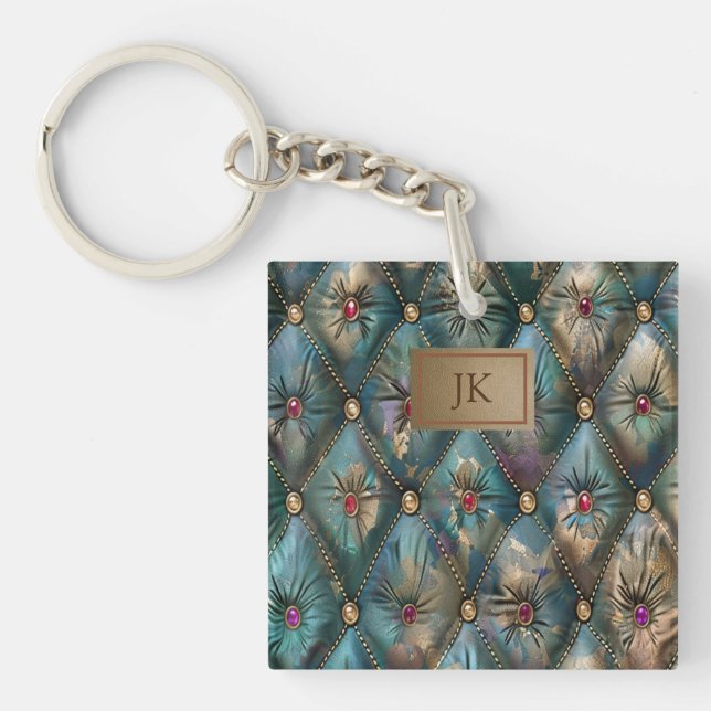 Modern Elegant Vintage Leather Colourful Diamonds Key Ring (Front)