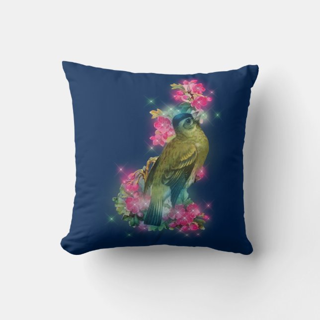 Modern Elegant Watercolor Bird Floral Blue  Cushion (Front)