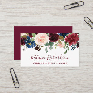 Modern Elegant Watercolor Burgundy Blue Floral Business Card
