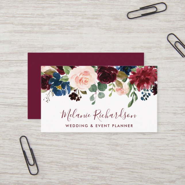 Modern Elegant Watercolor Burgundy Blue Floral Business Card (Front/Back In Situ)