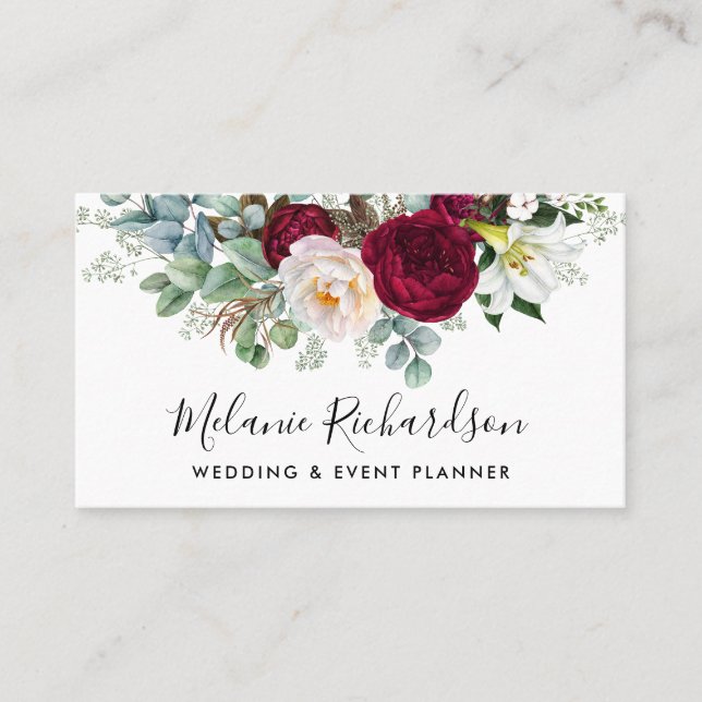 Modern Elegant Watercolor Burgundy Floral Greenery Business Card (Front)