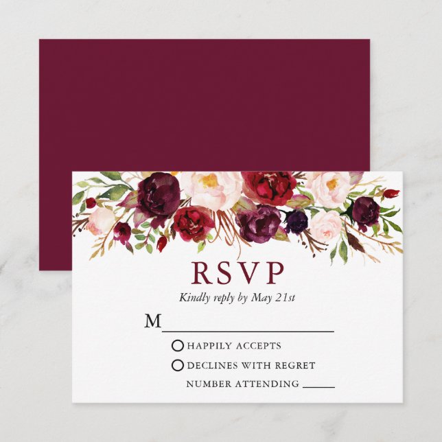 Modern Elegant Watercolor Burgundy Floral Wedding RSVP Card (Front/Back)