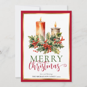 Modern Elegant Watercolor Candle Merry Christmas Holiday Card