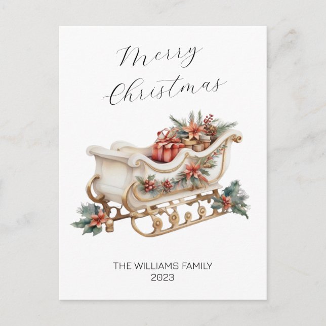 Modern Elegant Watercolor Christmas Sleigh Holiday Postcard (Front)