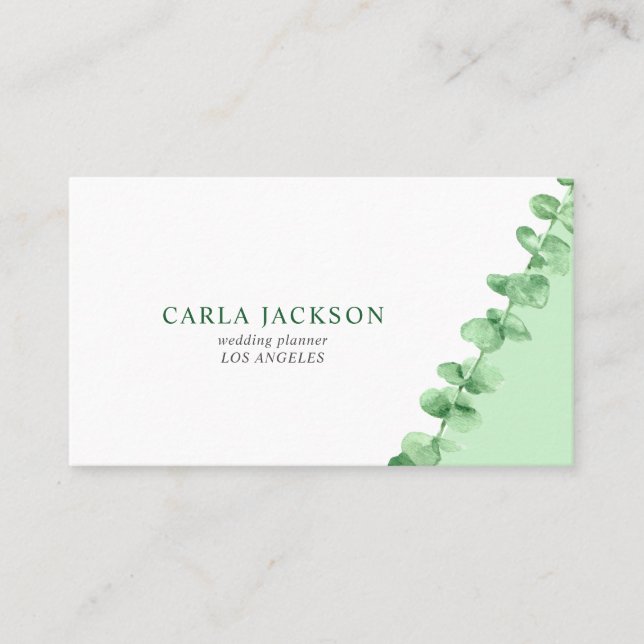 Modern elegant watercolor eucalyptus greenery business card (Front)