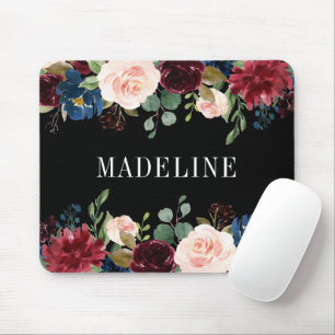 Modern Elegant Watercolor Floral Fashionable Black Mouse Mat