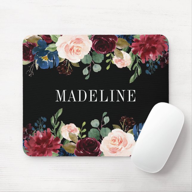 Modern Elegant Watercolor Floral Fashionable Black Mouse Mat (With Mouse)