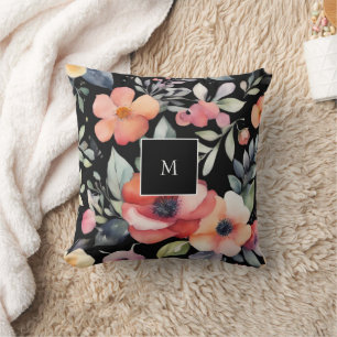 Modern elegant watercolor floral monogrammed cushion