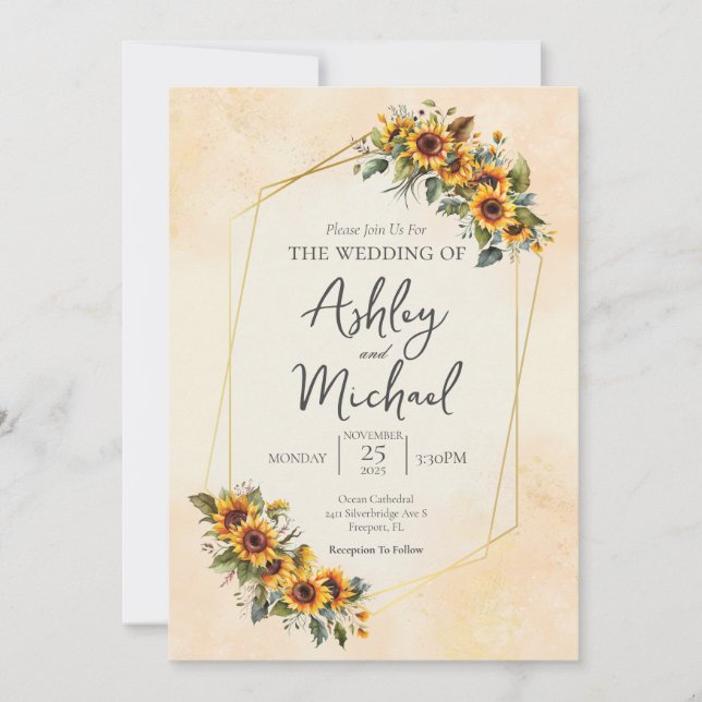 Modern Elegant Watercolor Floral Sunflower Wedding Invitation (Front)