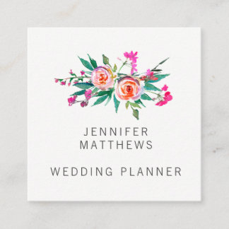 Modern Elegant Watercolor Floral Wedding Planner Square Business Card