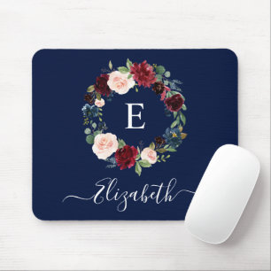 Modern Elegant Watercolor Floral Wreath Monogram Mouse Mat