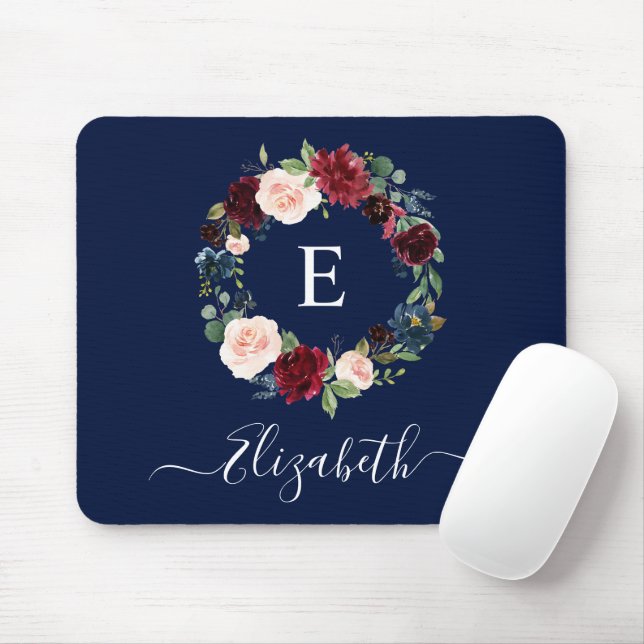Modern Elegant Watercolor Floral Wreath Monogram Mouse Mat (With Mouse)