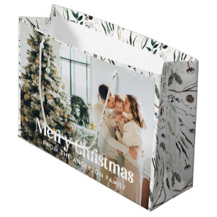 Modern elegant watercolor foliage photo Christmas Large Gift Bag