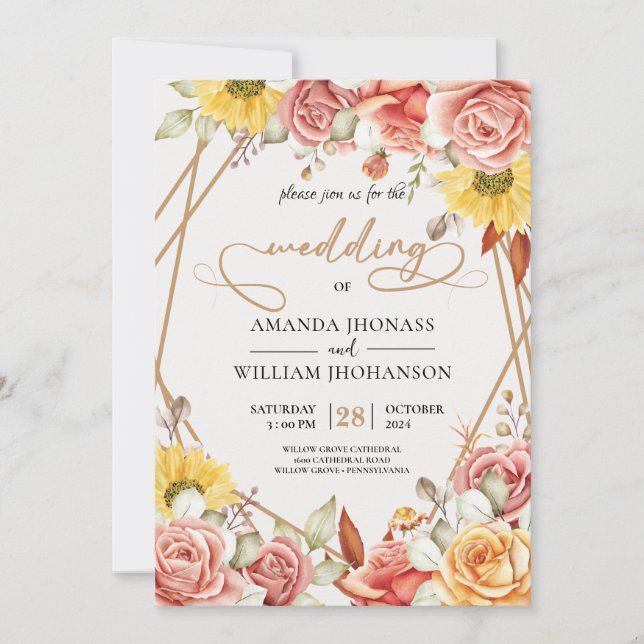 Modern Elegant watercolor gold Floral wedding Invitation (Front)