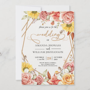 Modern Elegant watercolor gold Floral wedding Invitation
