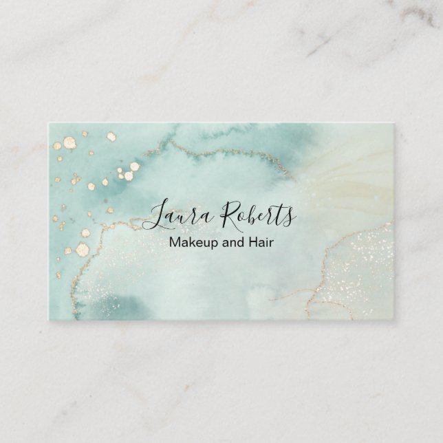 Modern Elegant Watercolor Green and Gold  Business Business Card (Front)
