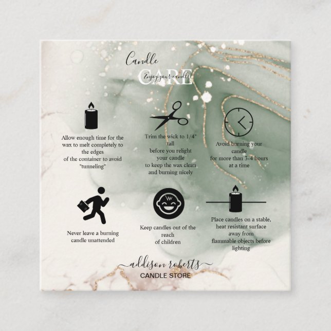 Modern Elegant Watercolor Green  Candle Care  Square Business Card (Front)