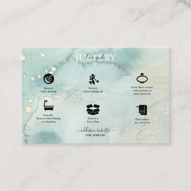 Modern Elegant Watercolor Green Jewellery Care  Bu Business Card (Front)