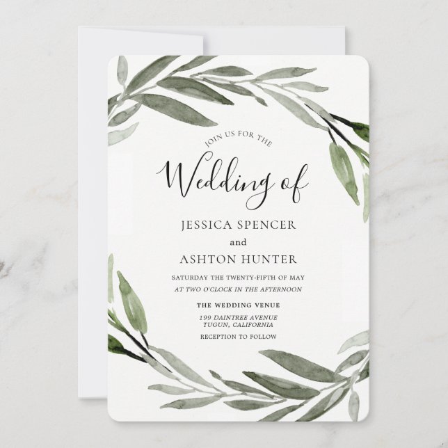 Modern Elegant Watercolor Green Leaf Wedding Invitation (Front)
