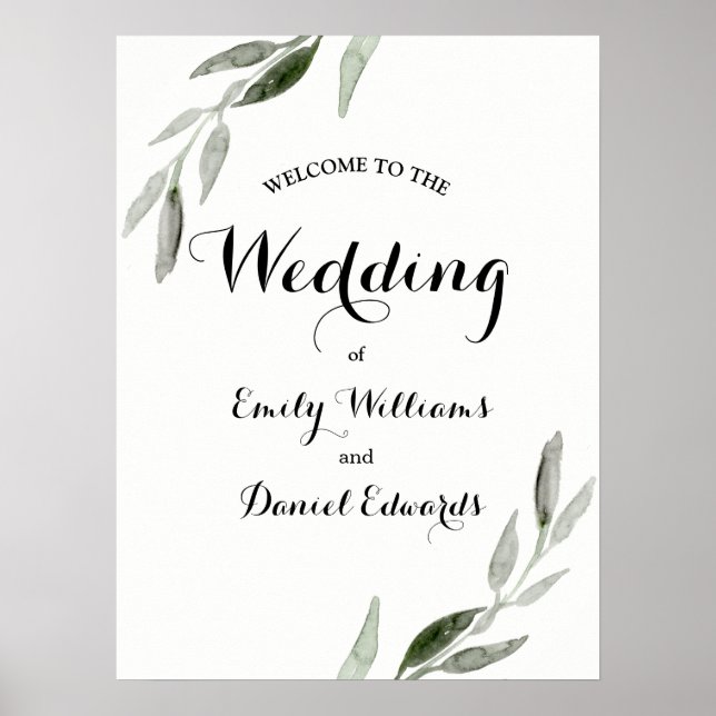 Modern Elegant Watercolor Green Leaf Wedding Poster (Front)