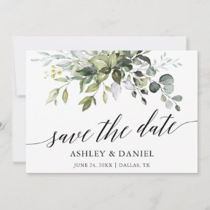 Modern Elegant Watercolor Greenery Calligraphy Save The Date
