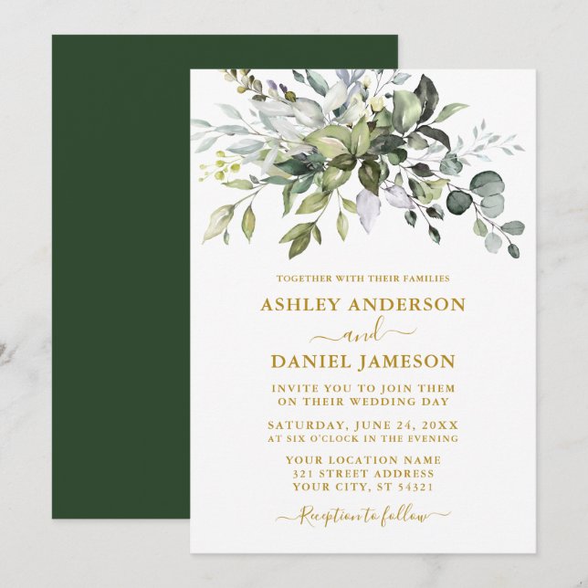 Modern Elegant Watercolor Greenery Gold Wedding Invitation (Front/Back)