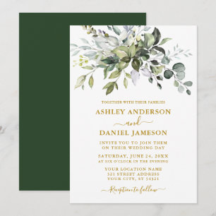 Modern Elegant Watercolor Greenery Gold Wedding Invitation