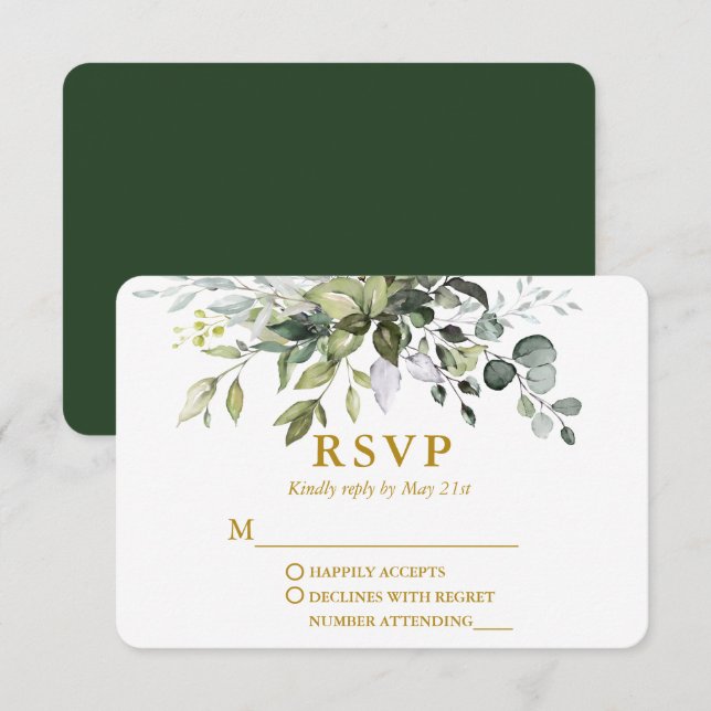 Modern Elegant Watercolor Greenery Gold Wedding RSVP Card (Front/Back)