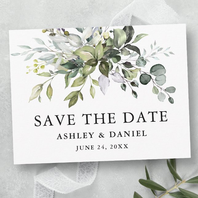 Modern Elegant Watercolor Greenery Save the Date Postcard (Customize to change text size or text style.)