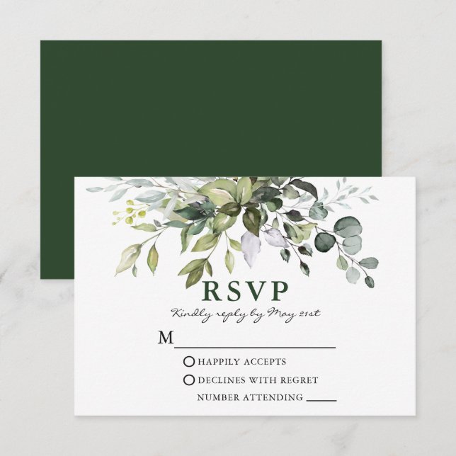 Modern Elegant Watercolor Greenery Wedding RSVP Card (Front/Back)
