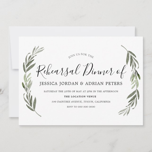 Modern Elegant Watercolor Leaf Rehearsal Dinner Invitation (Front)