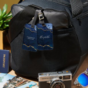 Modern Elegant Watercolor Marble Geode Blue Gold Luggage Tag