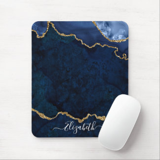 Modern Elegant Watercolor Marble Geode Blue Gold Mouse Mat