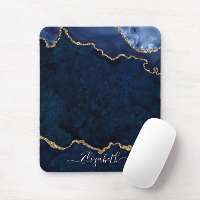 Modern Elegant Watercolor Marble Geode Blue Gold Mouse Mat (With Mouse)