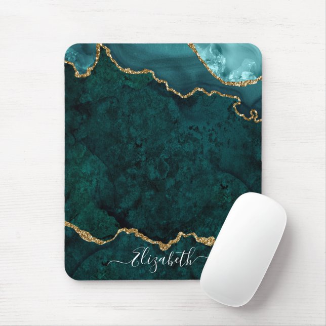 Modern Elegant Watercolor Marble Geode Teal Gold Mouse Mat (With Mouse)