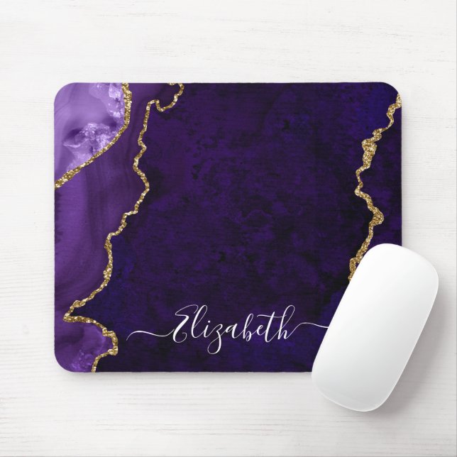 Modern Elegant Watercolor Marble Gold Purple Geode Mouse Mat (With Mouse)