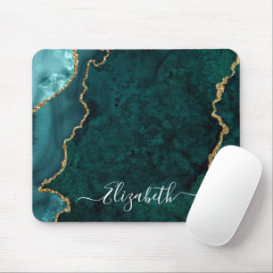 Modern Elegant Watercolor Marble Teal Geode Gold Mouse Mat