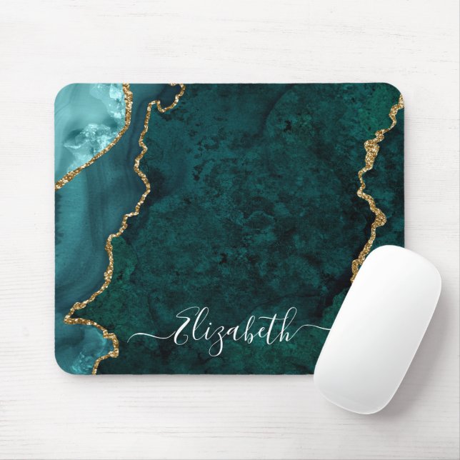 Modern Elegant Watercolor Marble Teal Geode Gold Mouse Mat (With Mouse)